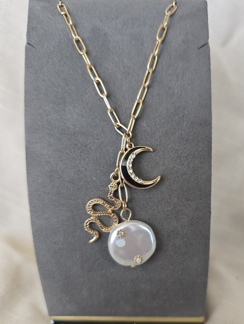 Gold Tone Moon, Snake & Pearl Pendant Necklace - Gold